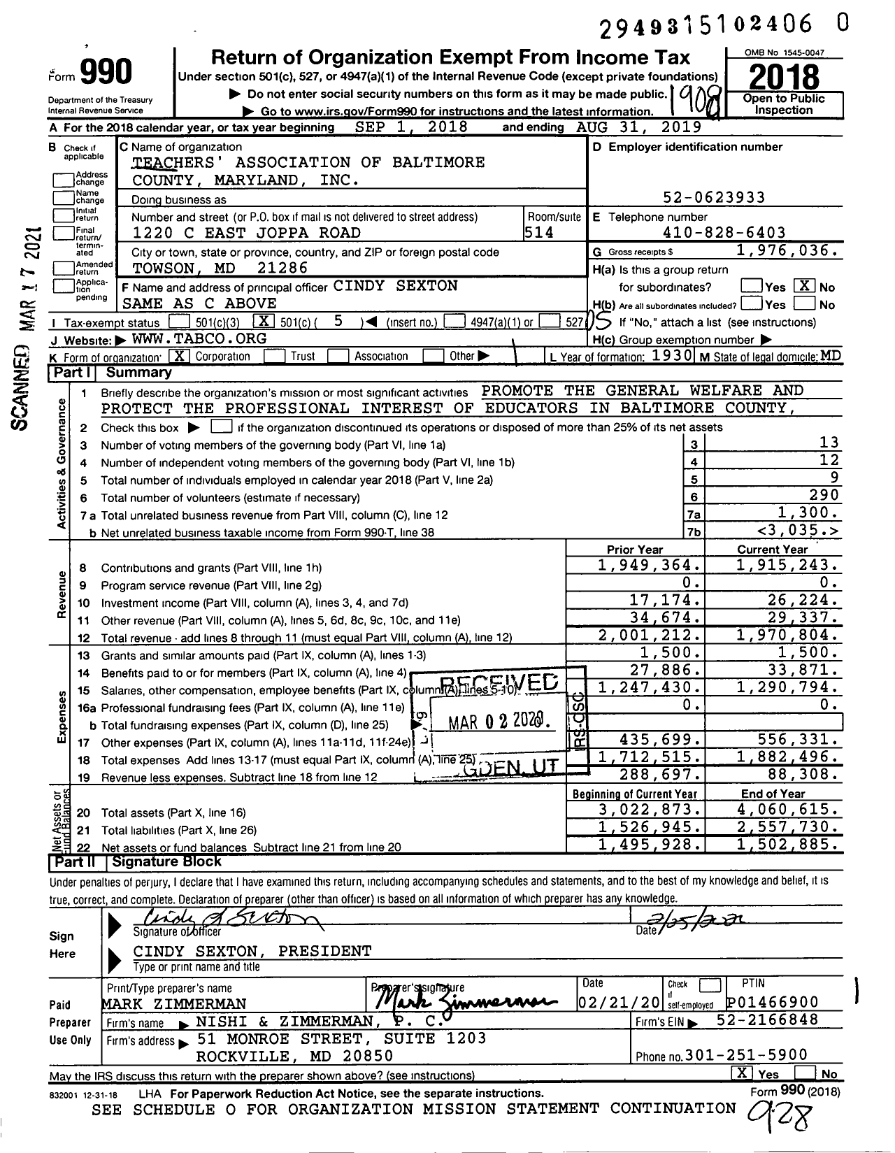 Image of first page of 2018 Form 990O for Teachers Association of Baltimore County Maryland