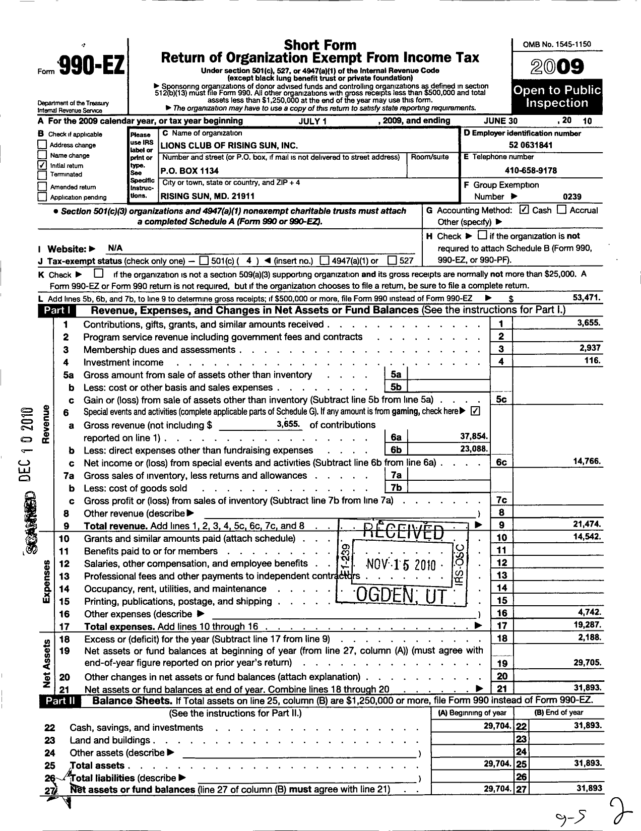 Image of first page of 2009 Form 990EO for Lions Clubs - 8793 Rising Sun Maryland