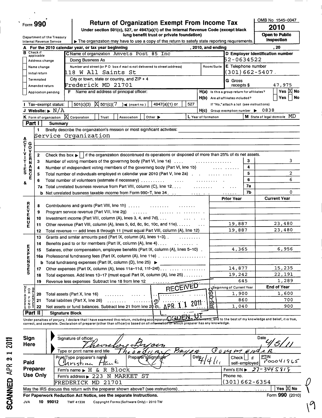 Image of first page of 2010 Form 990O for Amvets Post 5