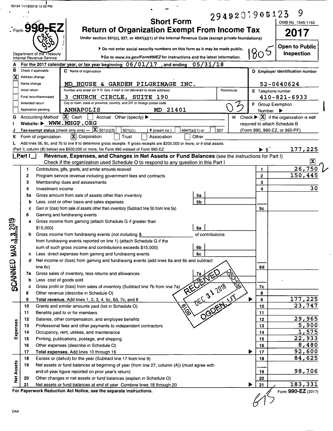 Image of first page of 2017 Form 990EZ for Maryland House and Garden Pilgrimage