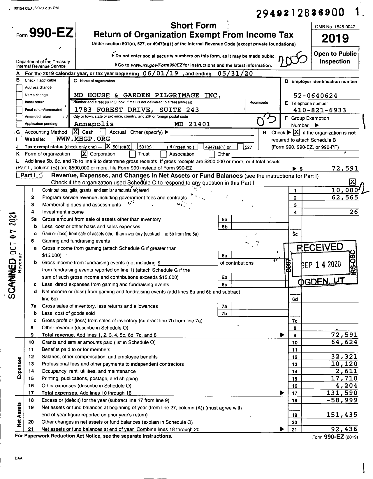 Image of first page of 2019 Form 990EZ for Maryland House and Garden Pilgrimage