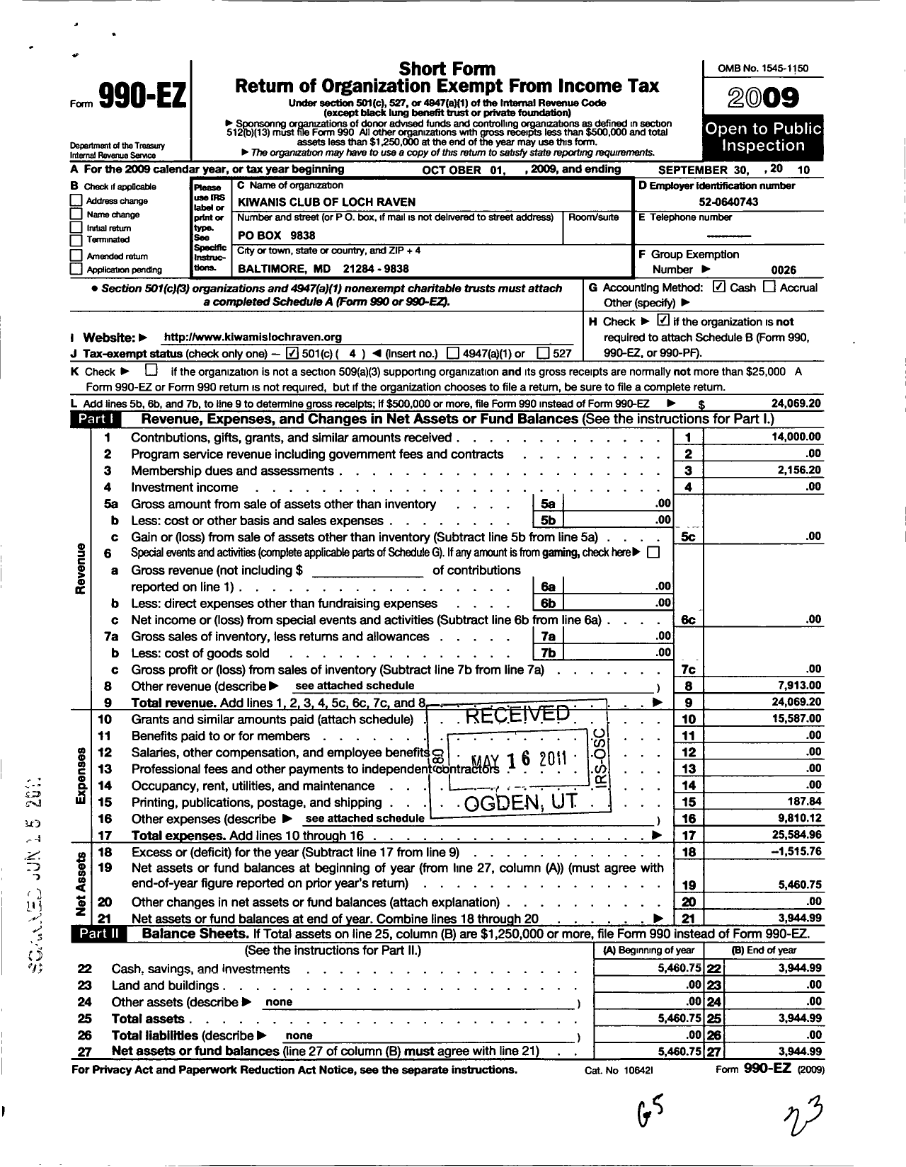 Image of first page of 2009 Form 990EO for Kiwanis International - K03575 Loch Raven