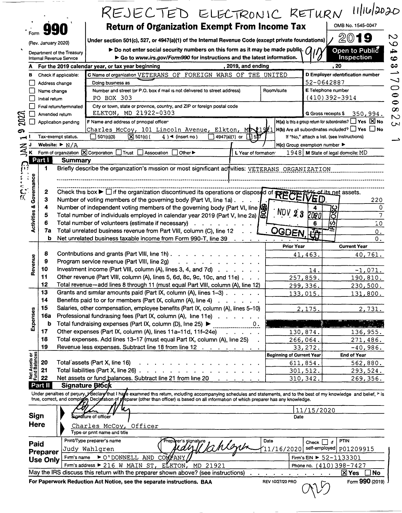 Image of first page of 2019 Form 990O for VFW Department of Maryland - 8175 Veterans of Foreign Wars of TH