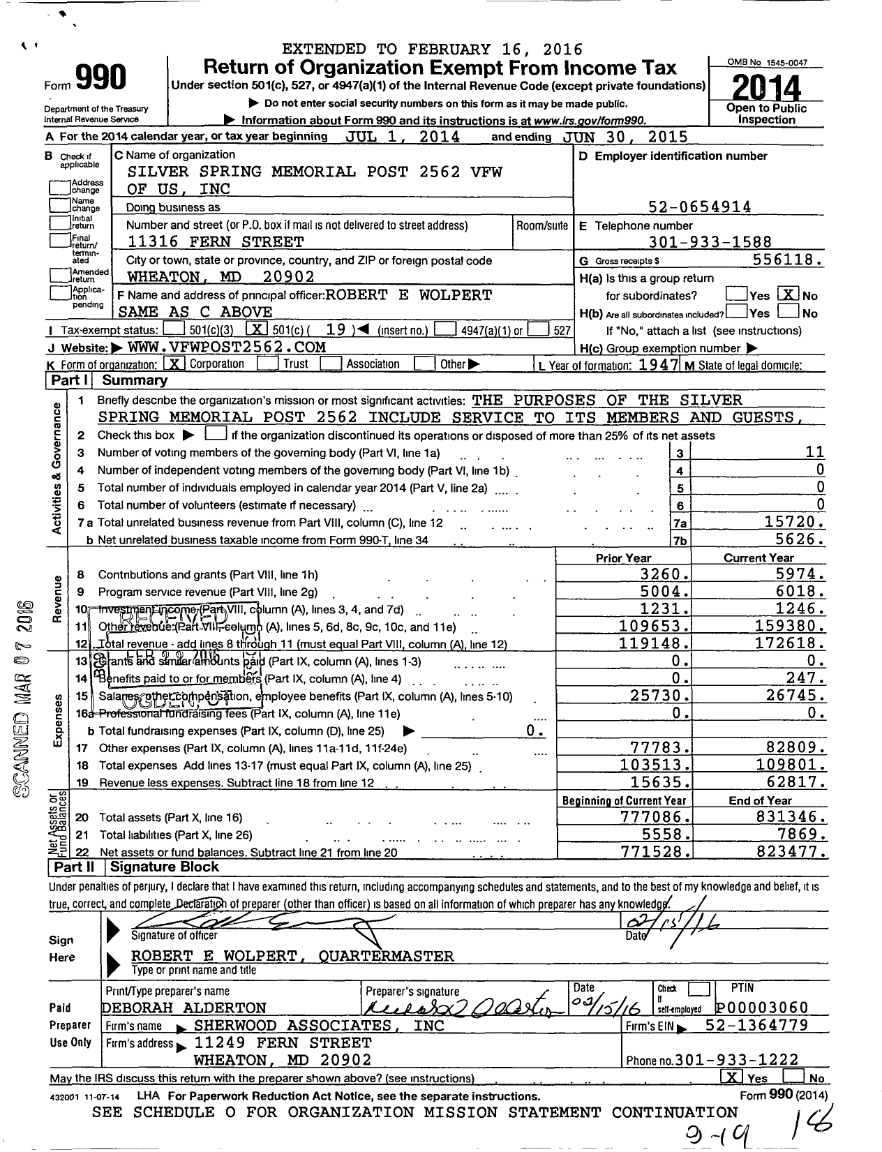 Image of first page of 2014 Form 990O for VFW Department of Maryland - 2562 Silver Spring VFW-MD