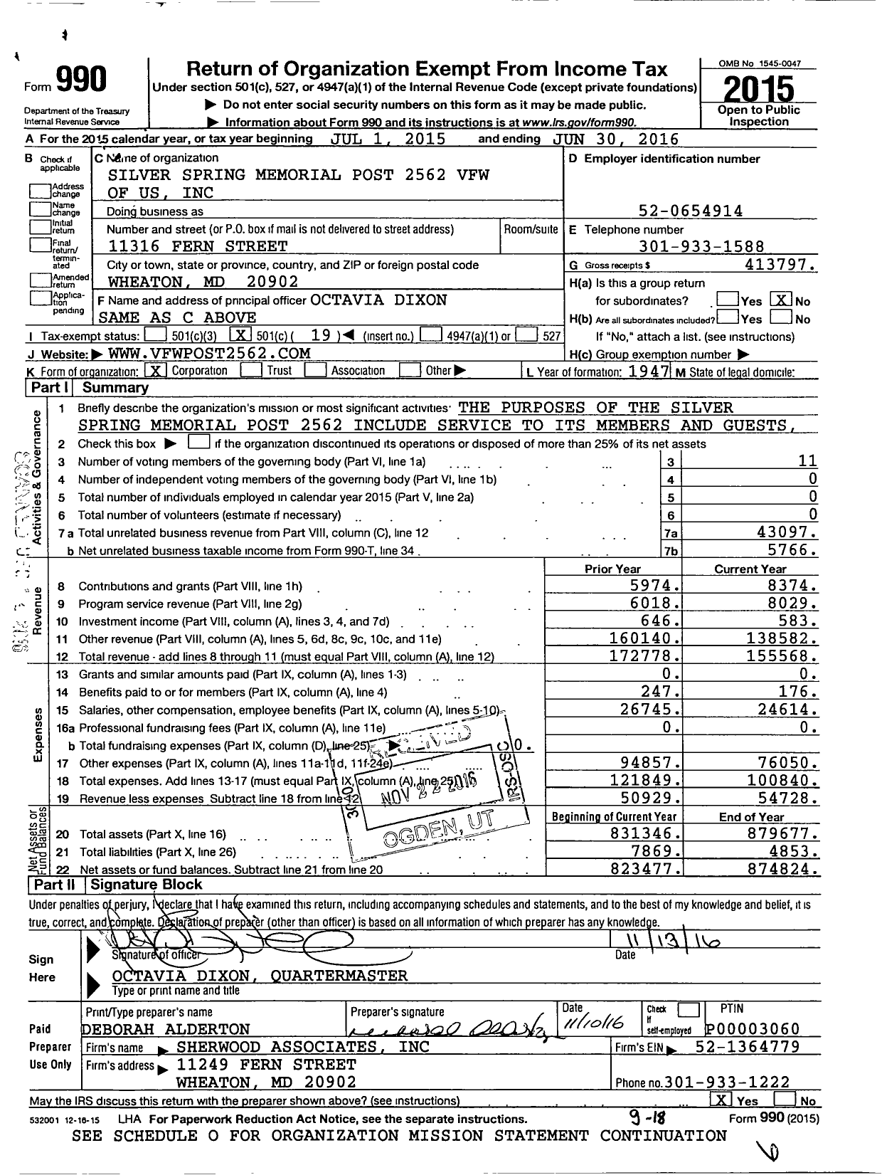 Image of first page of 2015 Form 990O for VFW Department of Maryland - 2562 Silver Spring VFW-MD