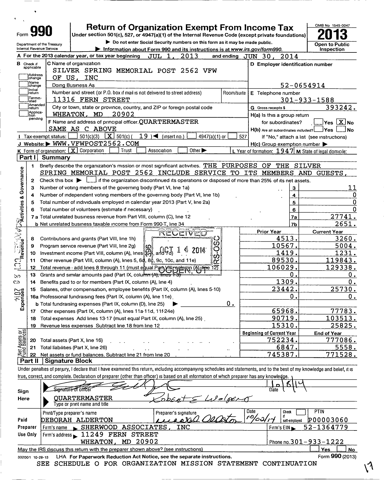 Image of first page of 2013 Form 990O for VFW Department of Maryland - 2562 Silver Spring VFW-MD