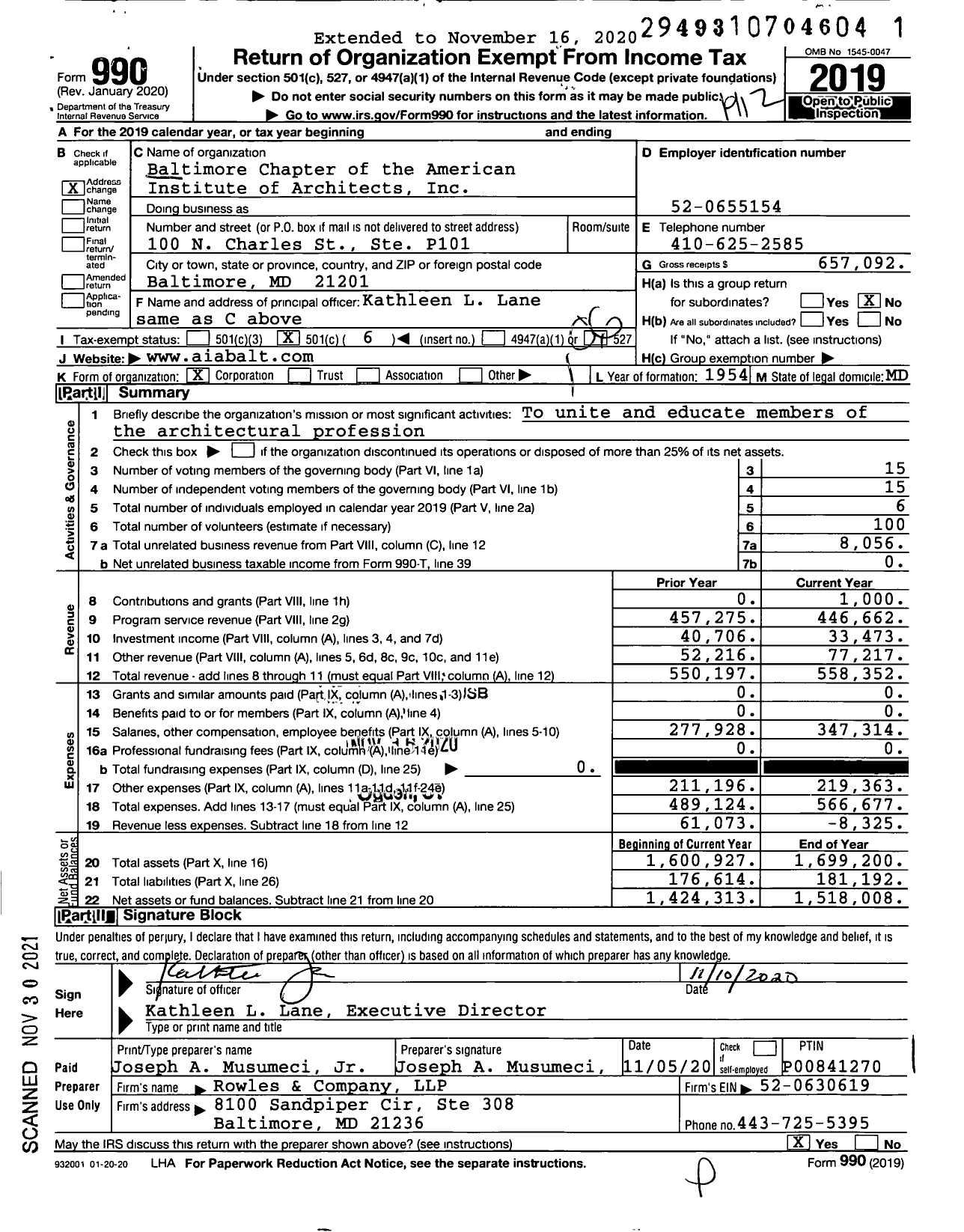 Image of first page of 2019 Form 990O for Baltimore Chapter of the American Institute of Architects