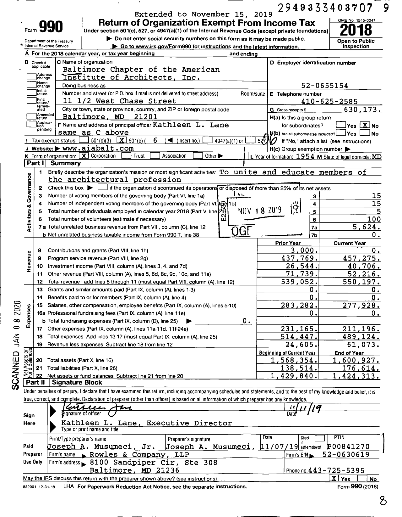 Image of first page of 2018 Form 990O for Baltimore Chapter of the American Institute of Architects