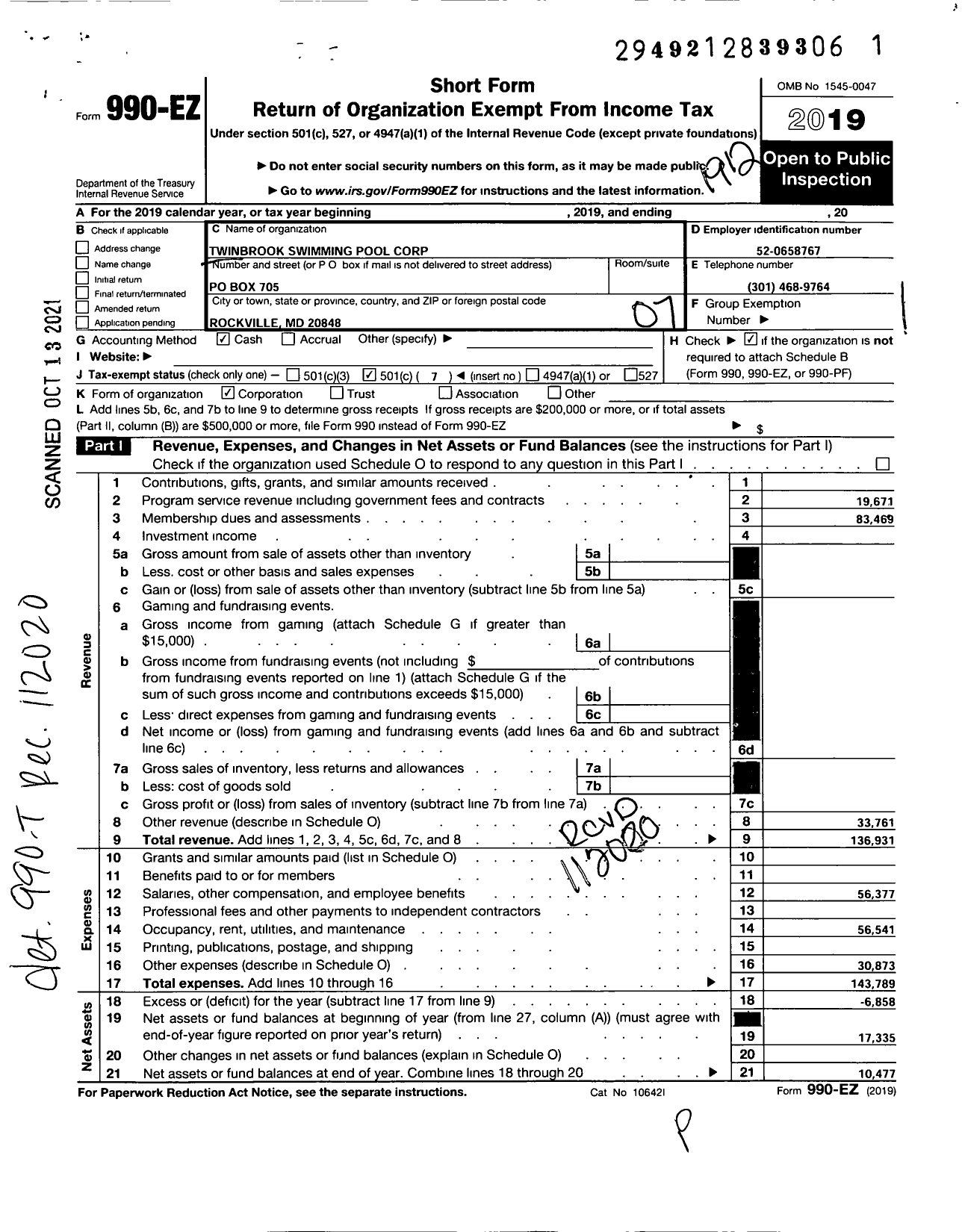 Image of first page of 2019 Form 990EO for Twinbrook Swimming Pool Corporation