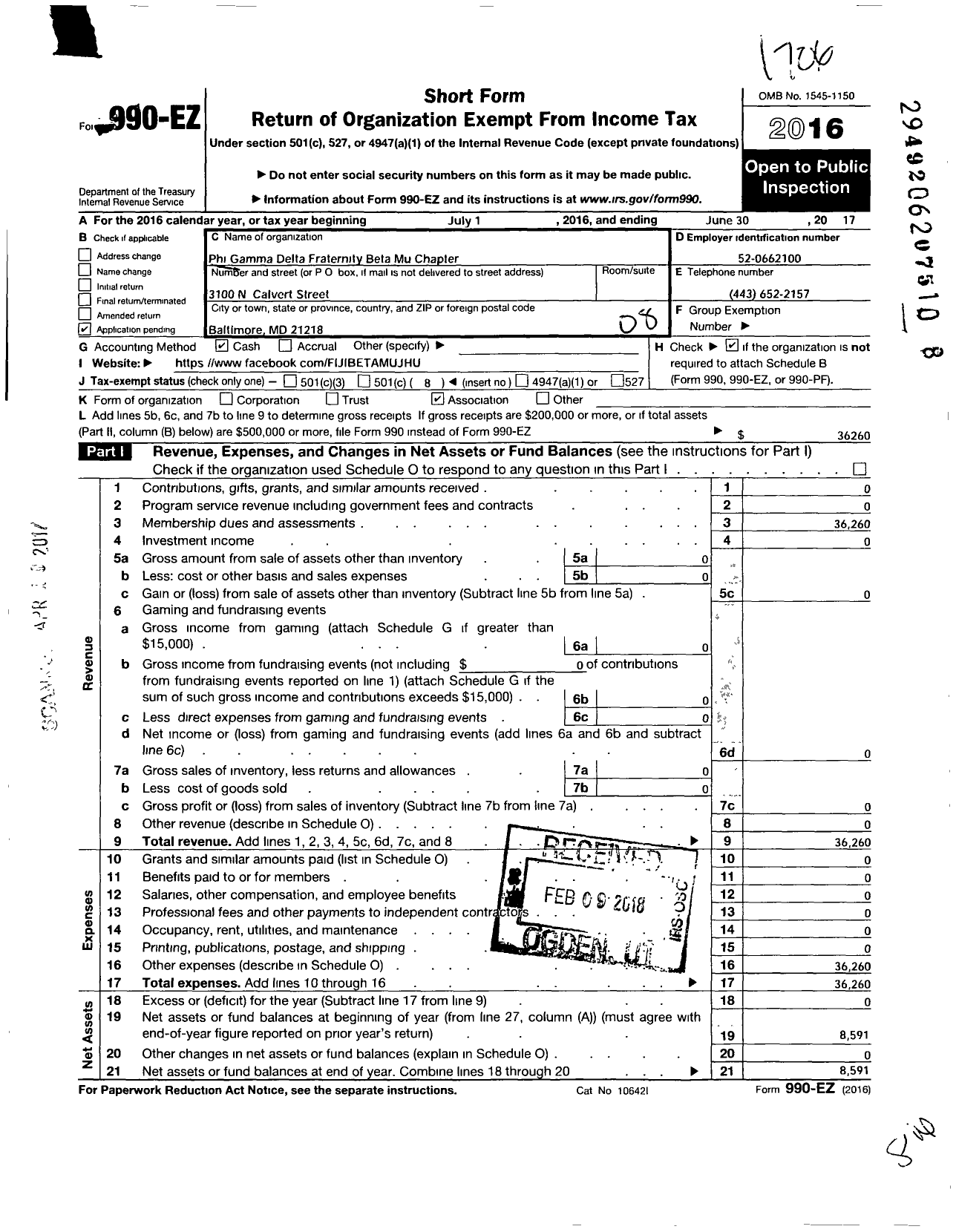 Image of first page of 2016 Form 990EO for Phi Gamma Delta Fraternity