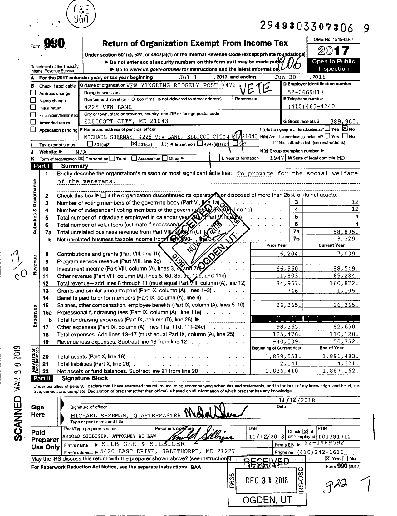 Image of first page of 2017 Form 990O for VFW Department of Maryland - Yingling Ridgley Post 7472