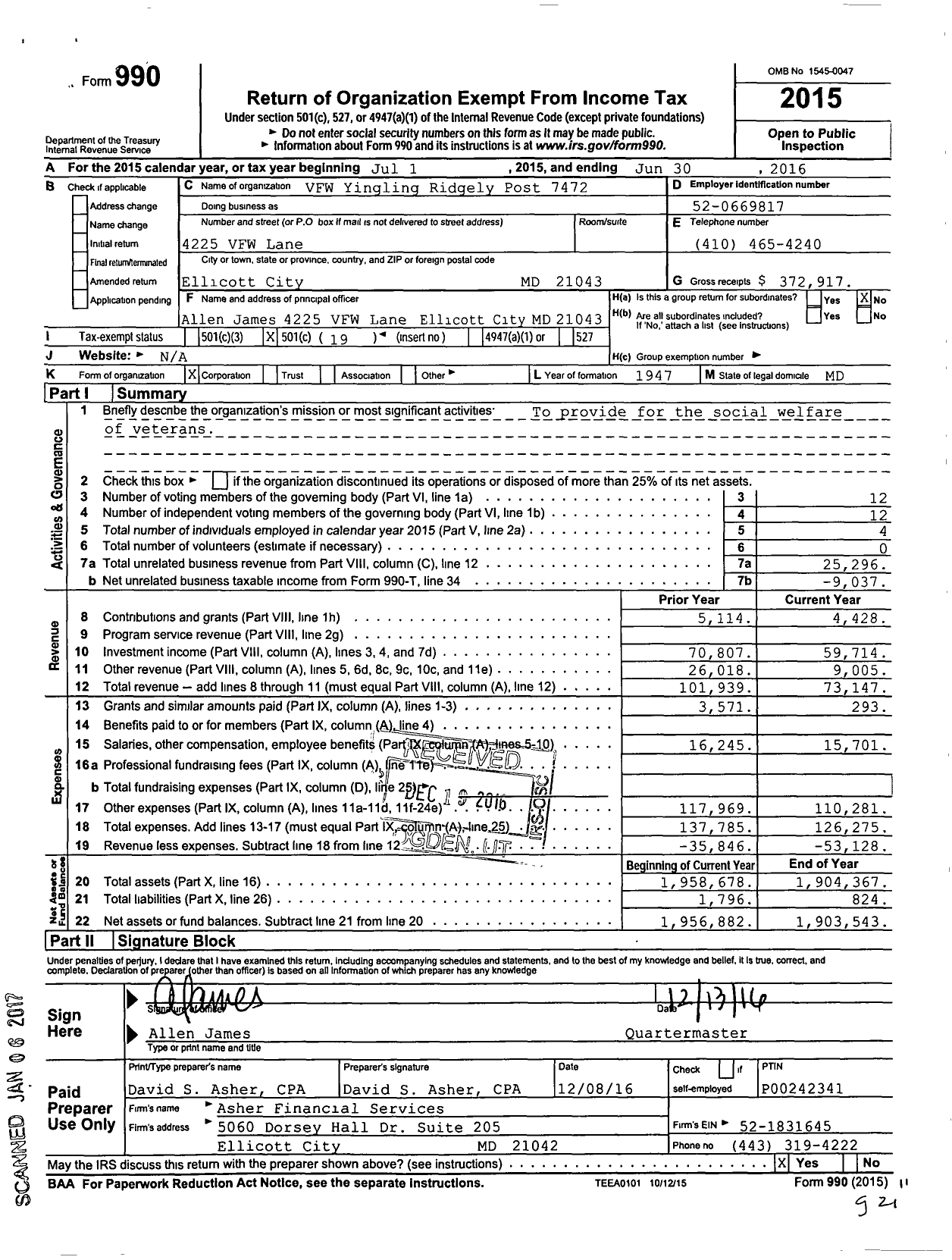 Image of first page of 2015 Form 990O for VFW Department of Maryland - Yingling Ridgley Post 7472