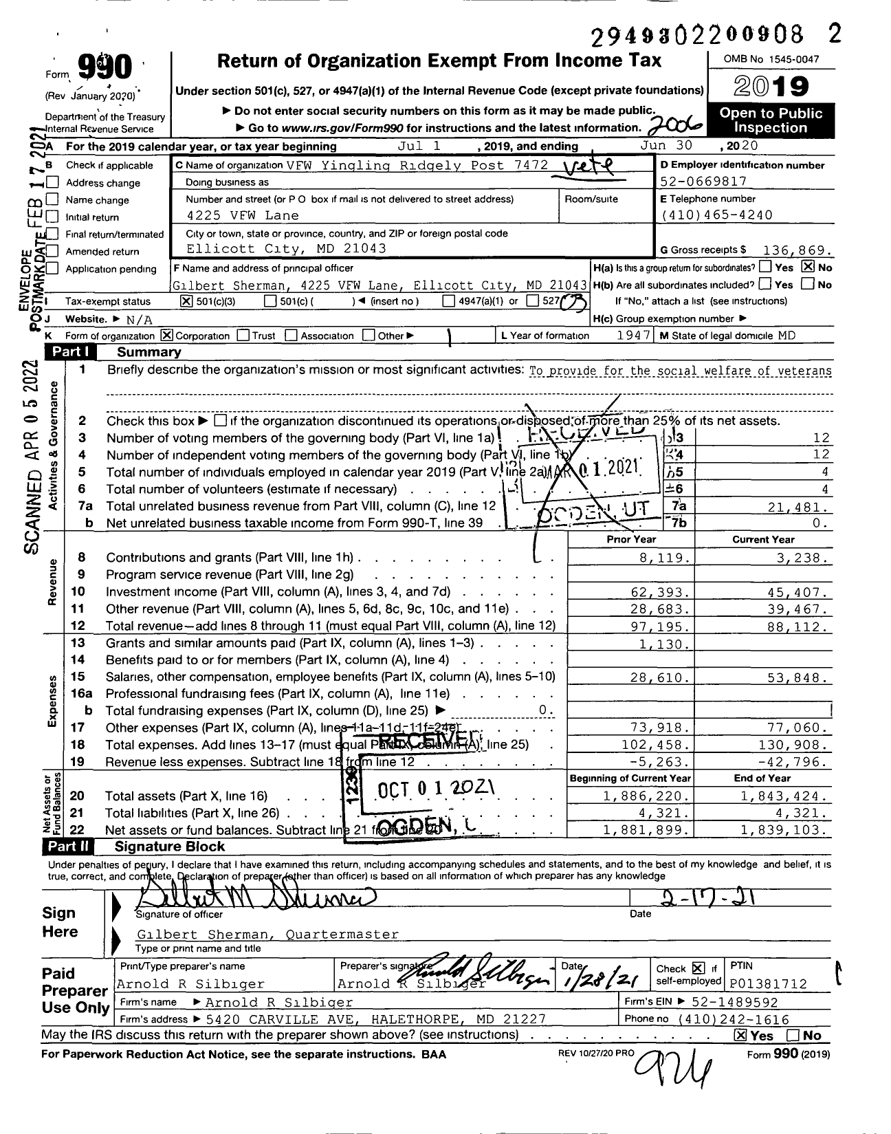 Image of first page of 2019 Form 990 for VFW Department of Maryland - Yingling Ridgley Post 7472