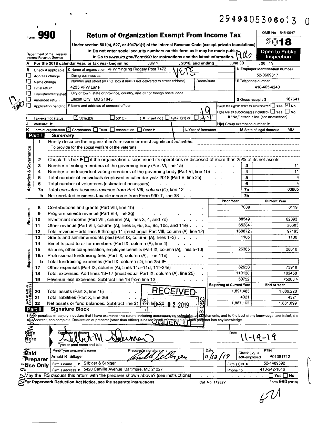 Image of first page of 2018 Form 990O for VFW Department of Maryland - Yingling Ridgley Post 7472