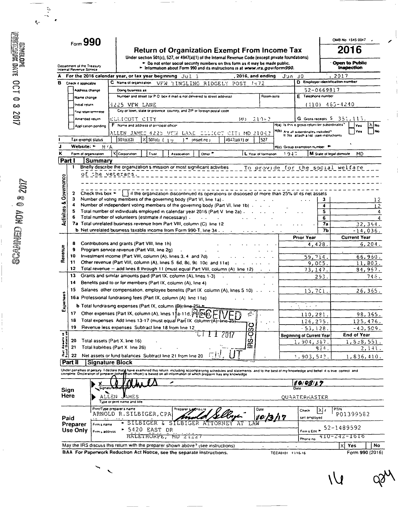 Image of first page of 2016 Form 990O for VFW Department of Maryland - Yingling Ridgley Post 7472