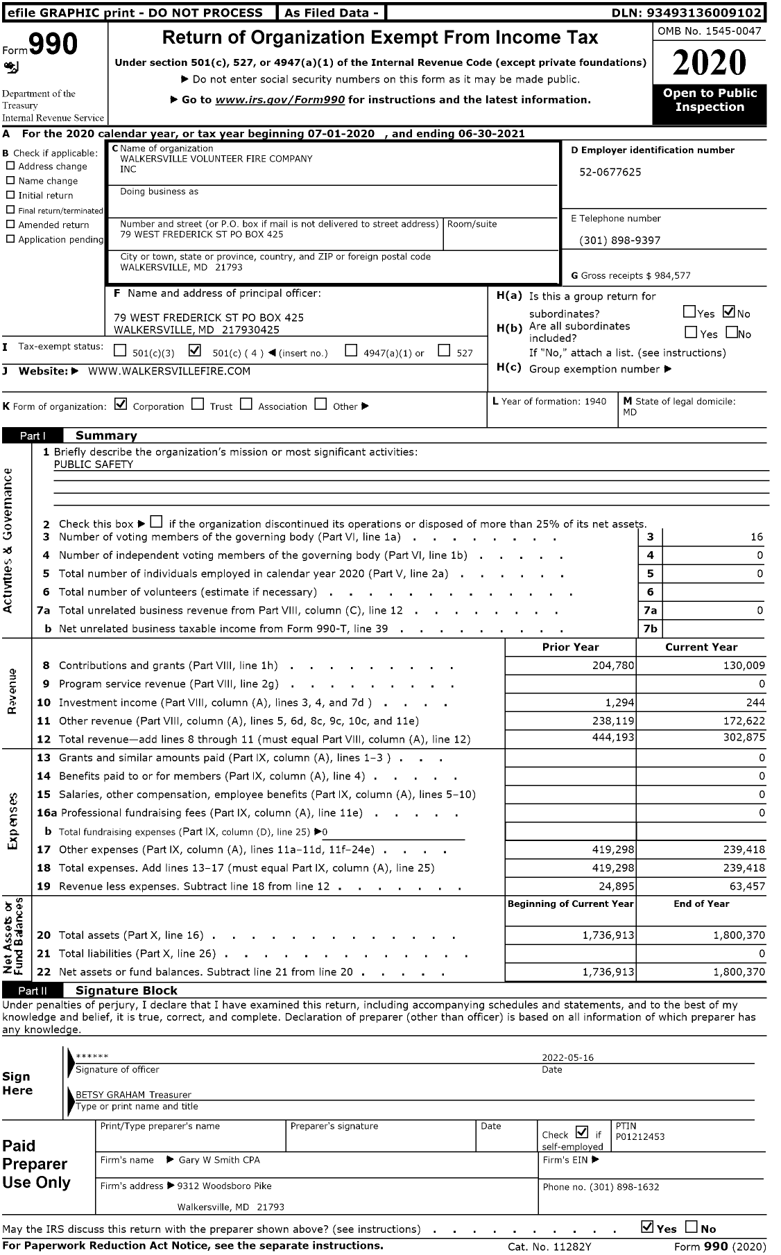Image of first page of 2020 Form 990O for Walkersville Volunteer Fire Company