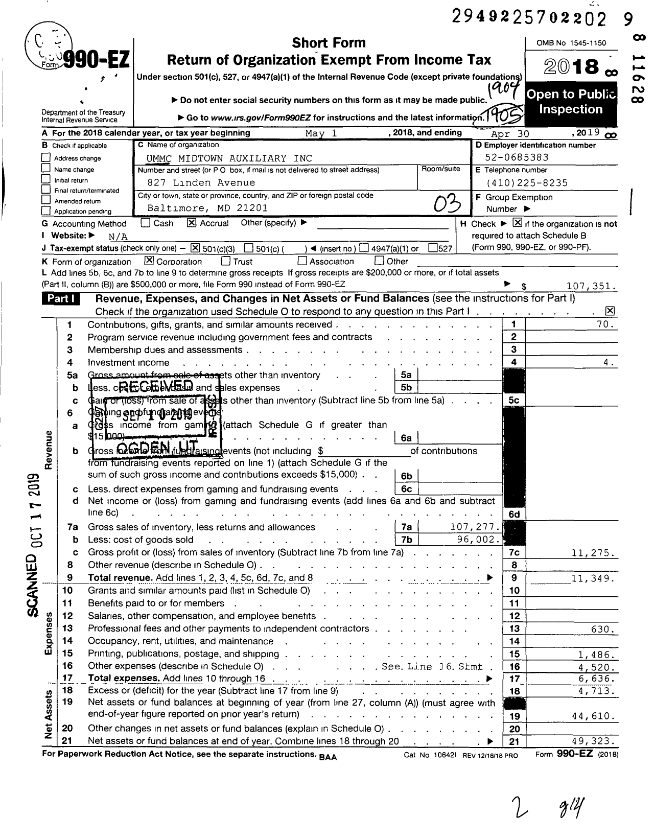 Image of first page of 2018 Form 990EZ for Ummc Midtown Auxiliary