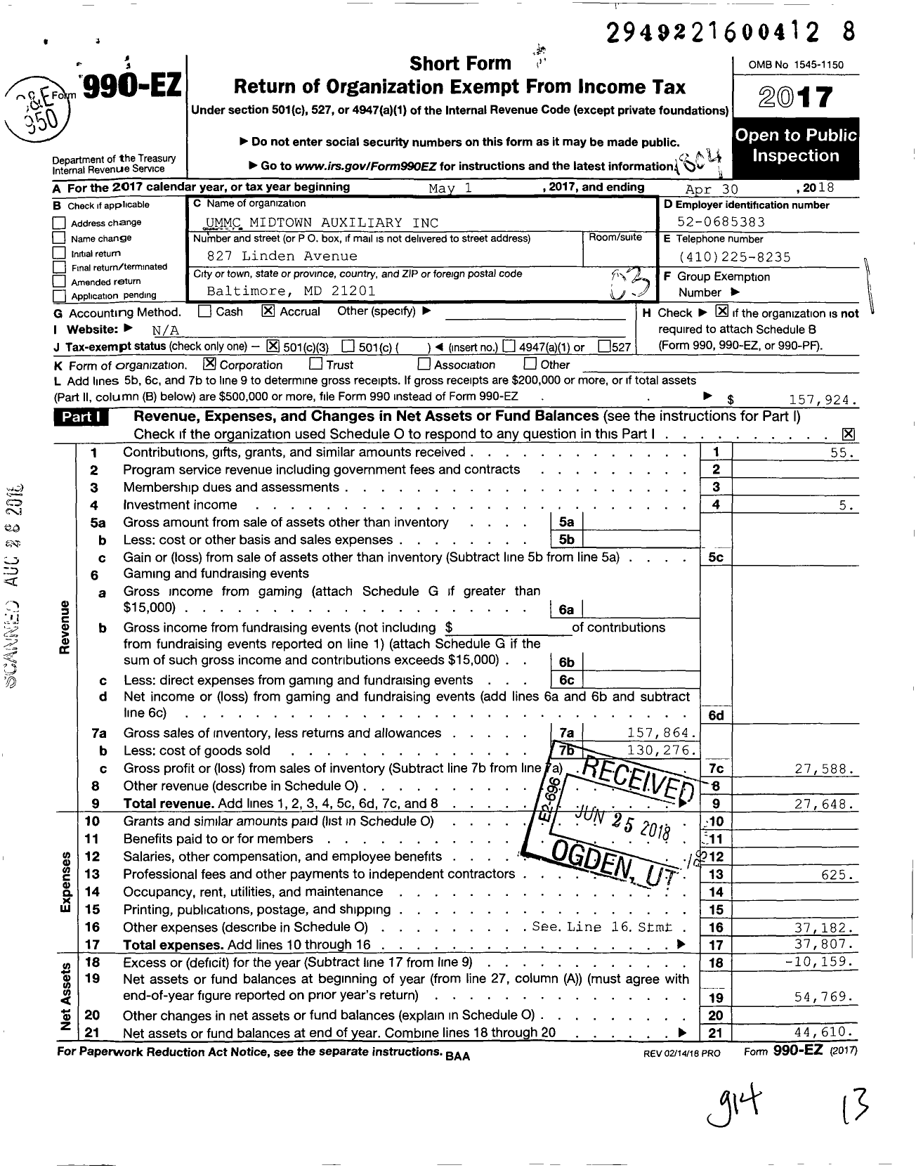 Image of first page of 2017 Form 990EZ for Ummc Midtown Auxiliary