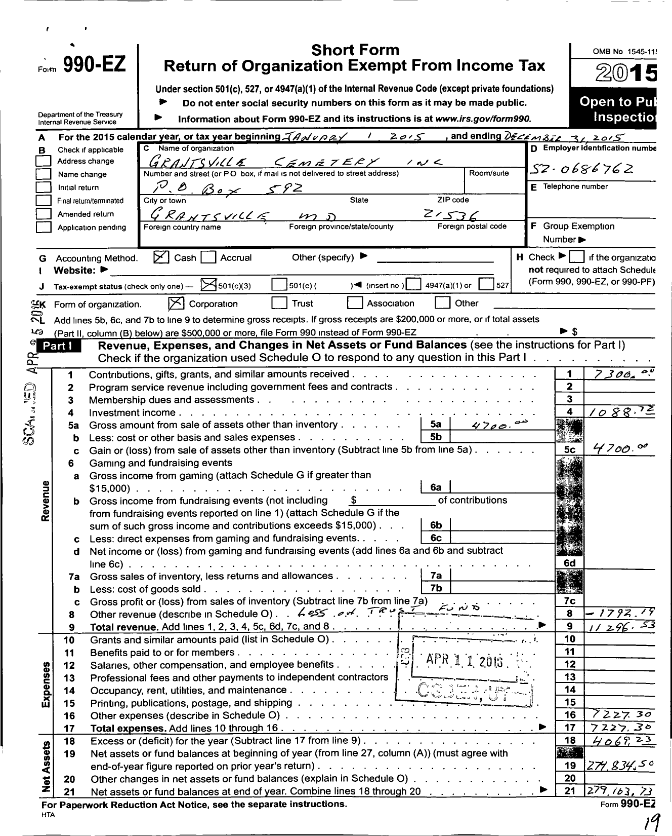 Image of first page of 2015 Form 990EZ for Grantsville Cemetery