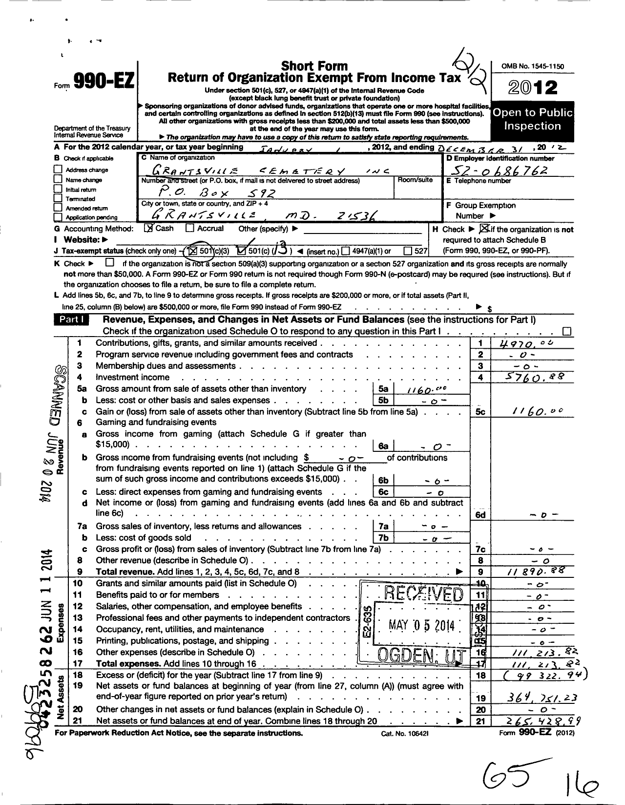 Image of first page of 2012 Form 990EO for Grantsville Cemetery