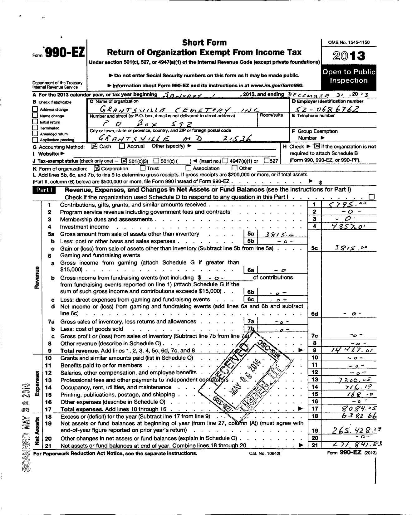 Image of first page of 2013 Form 990EZ for Grantsville Cemetery