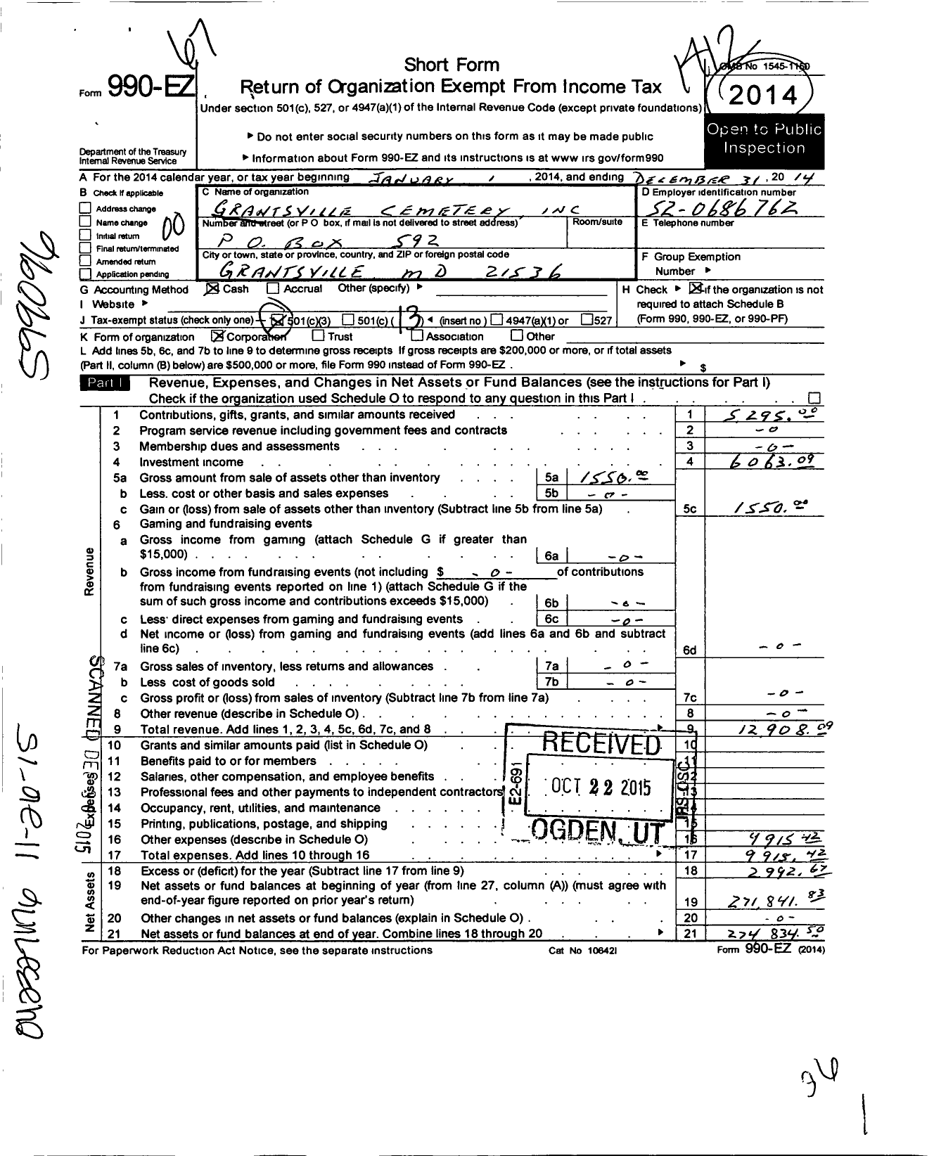 Image of first page of 2014 Form 990EO for Grantsville Cemetery