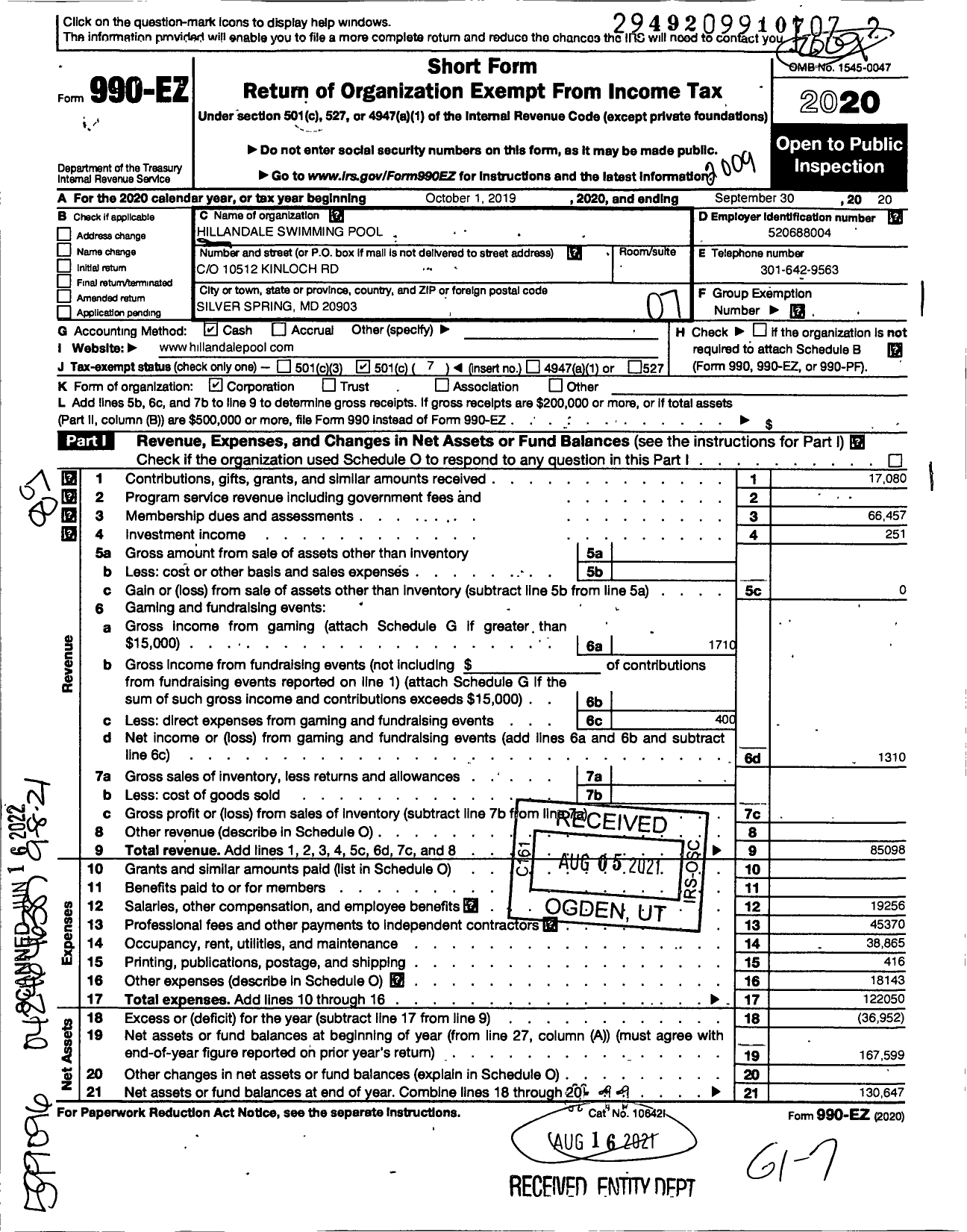 Image of first page of 2019 Form 990EO for Hillandale Swimming Pool Association