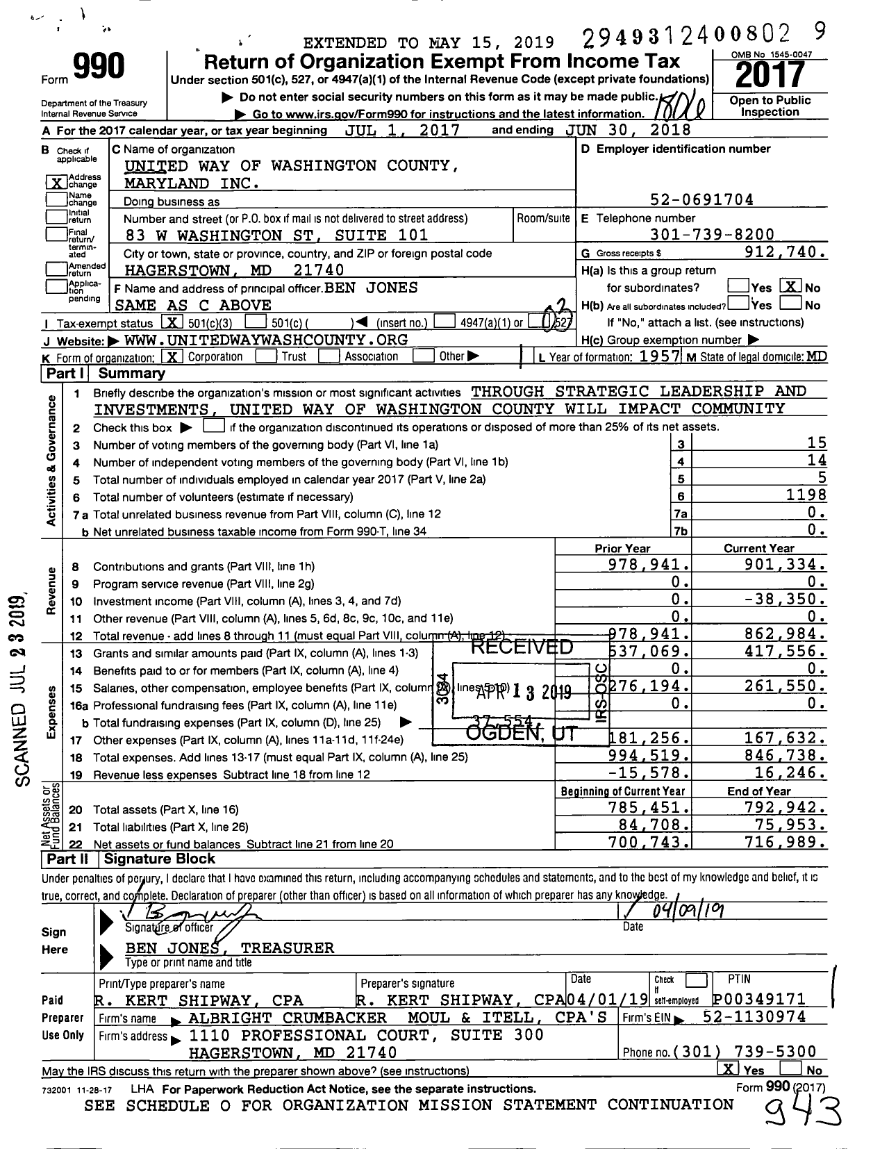 Image of first page of 2017 Form 990 for United Way of Washington County Maryland