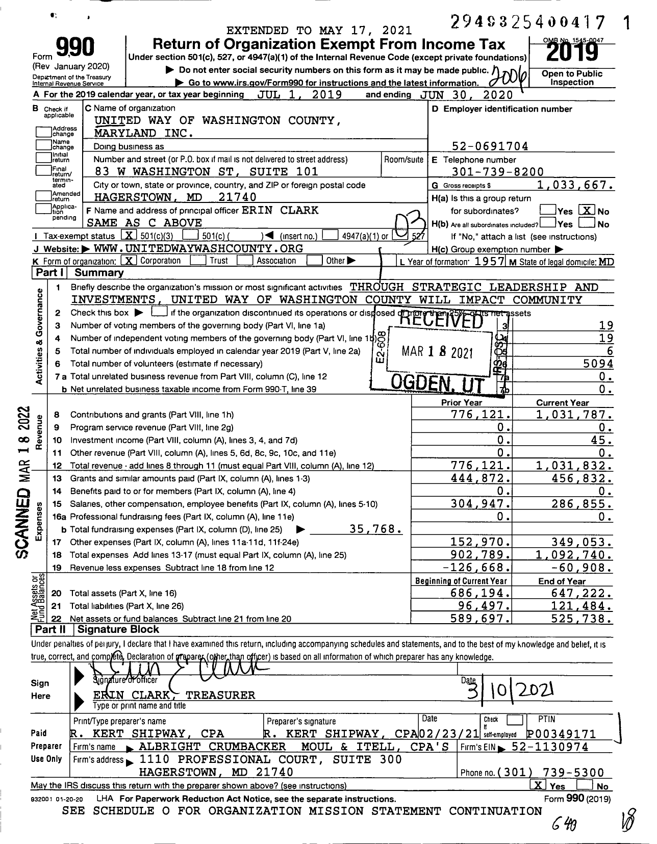 Image of first page of 2019 Form 990 for United Way of Washington County Maryland