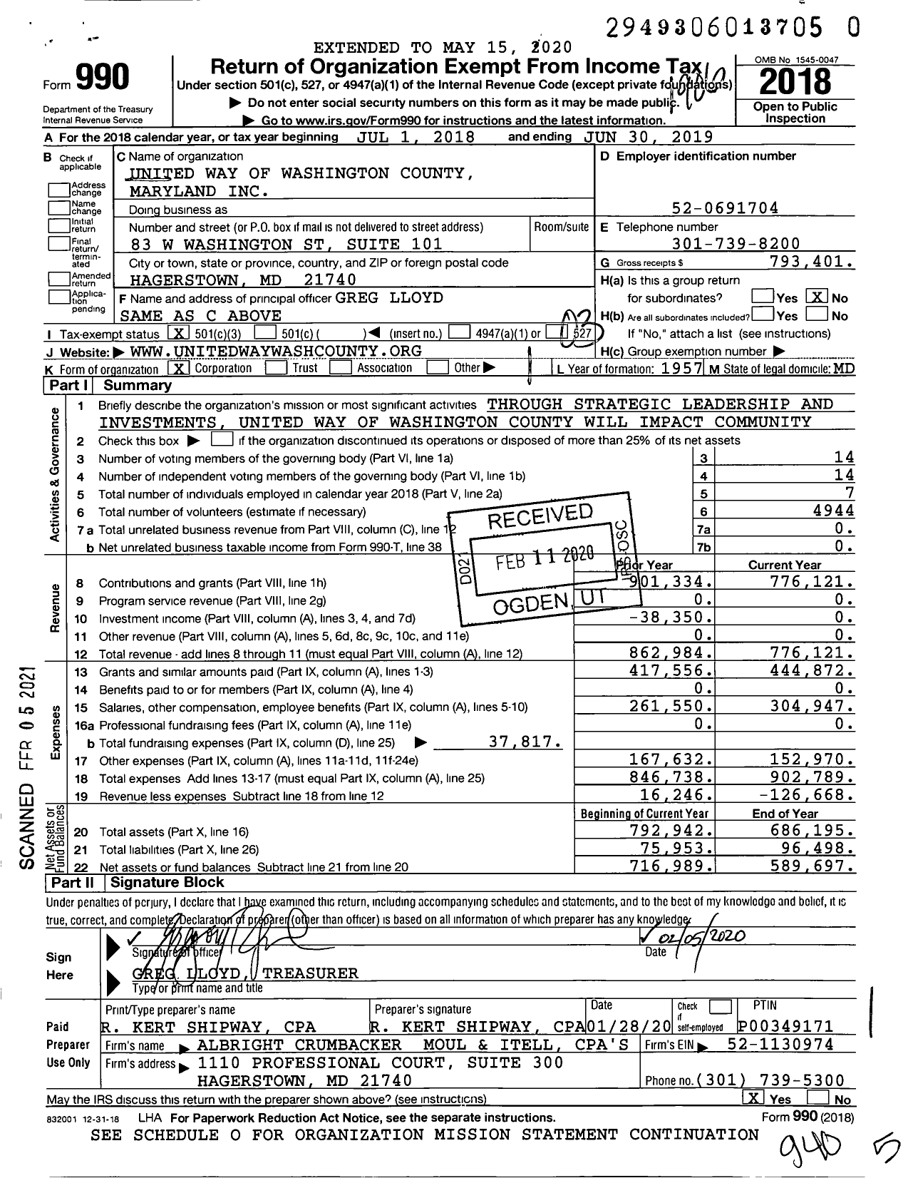 Image of first page of 2018 Form 990 for United Way of Washington County Maryland