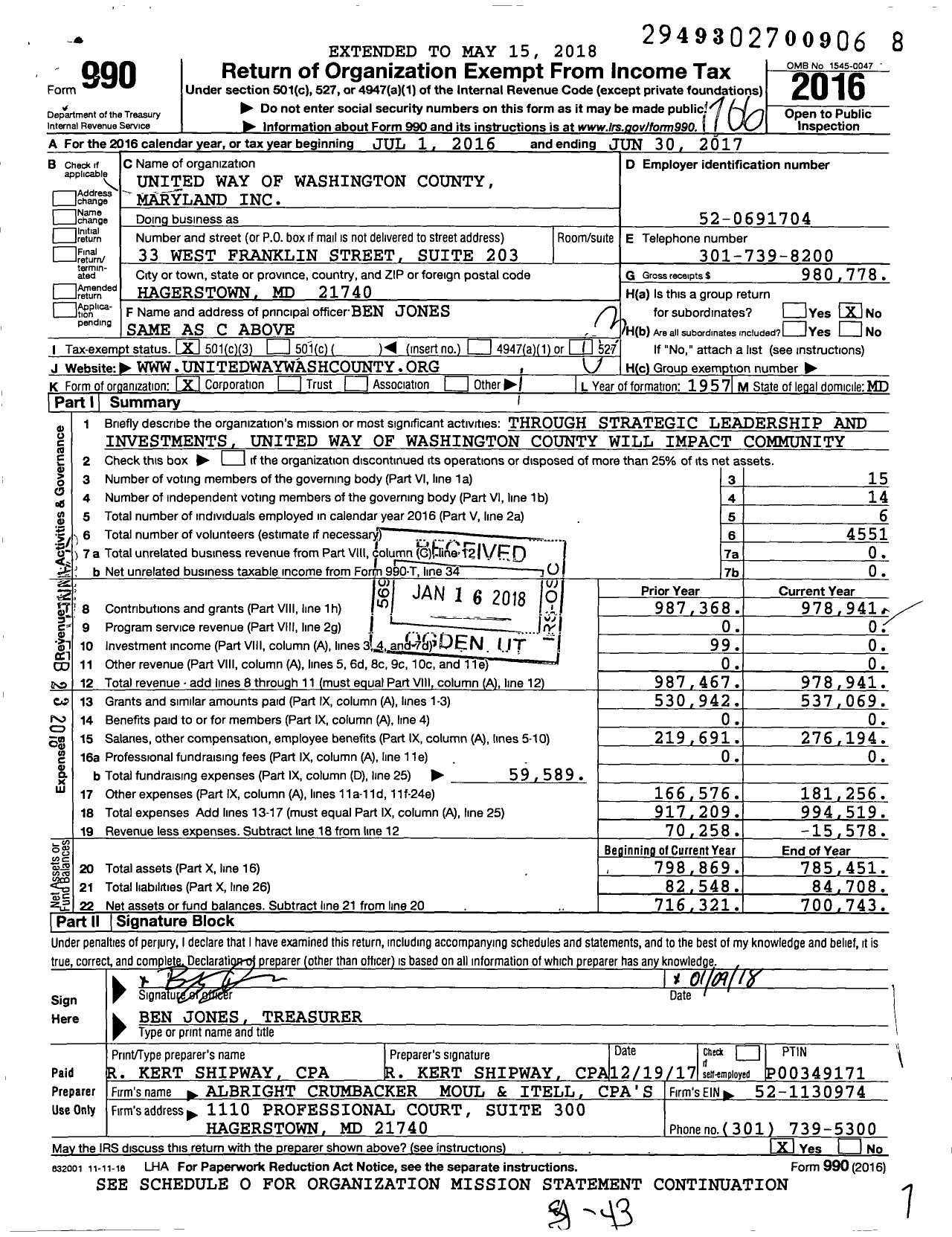 Image of first page of 2016 Form 990 for United Way of Washington County Maryland