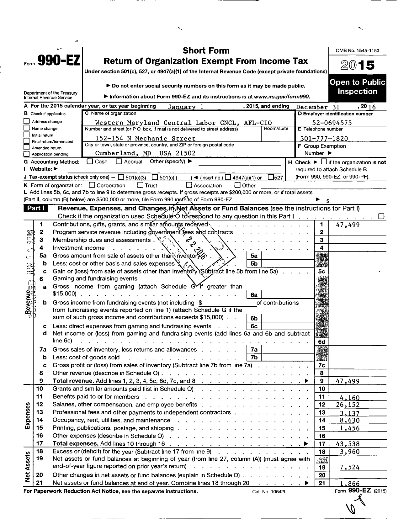 Image of first page of 2016 Form 990EO for Western Maryland Afl Cio