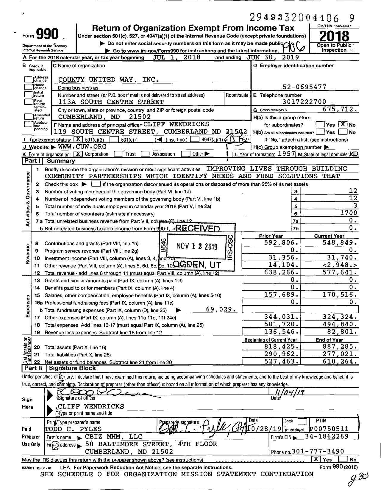 Image of first page of 2018 Form 990 for County United Way