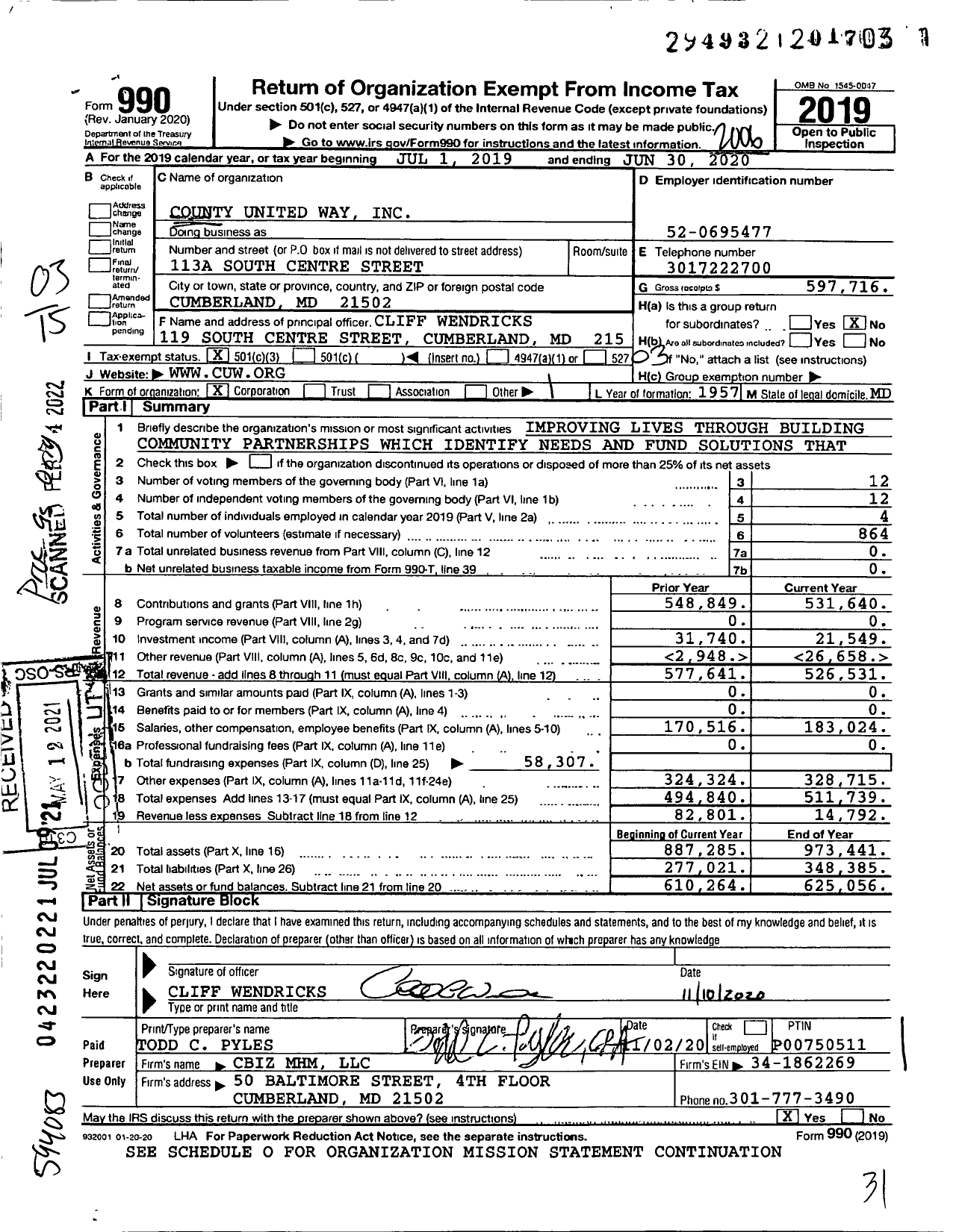 Image of first page of 2019 Form 990 for County United Way