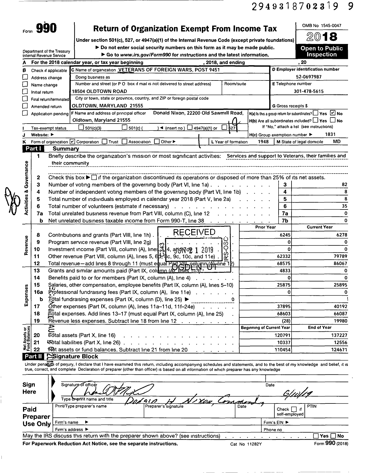 Image of first page of 2018 Form 990O for Clifford B Sisler Post 9451 - Oldtown Memorial Post 9451