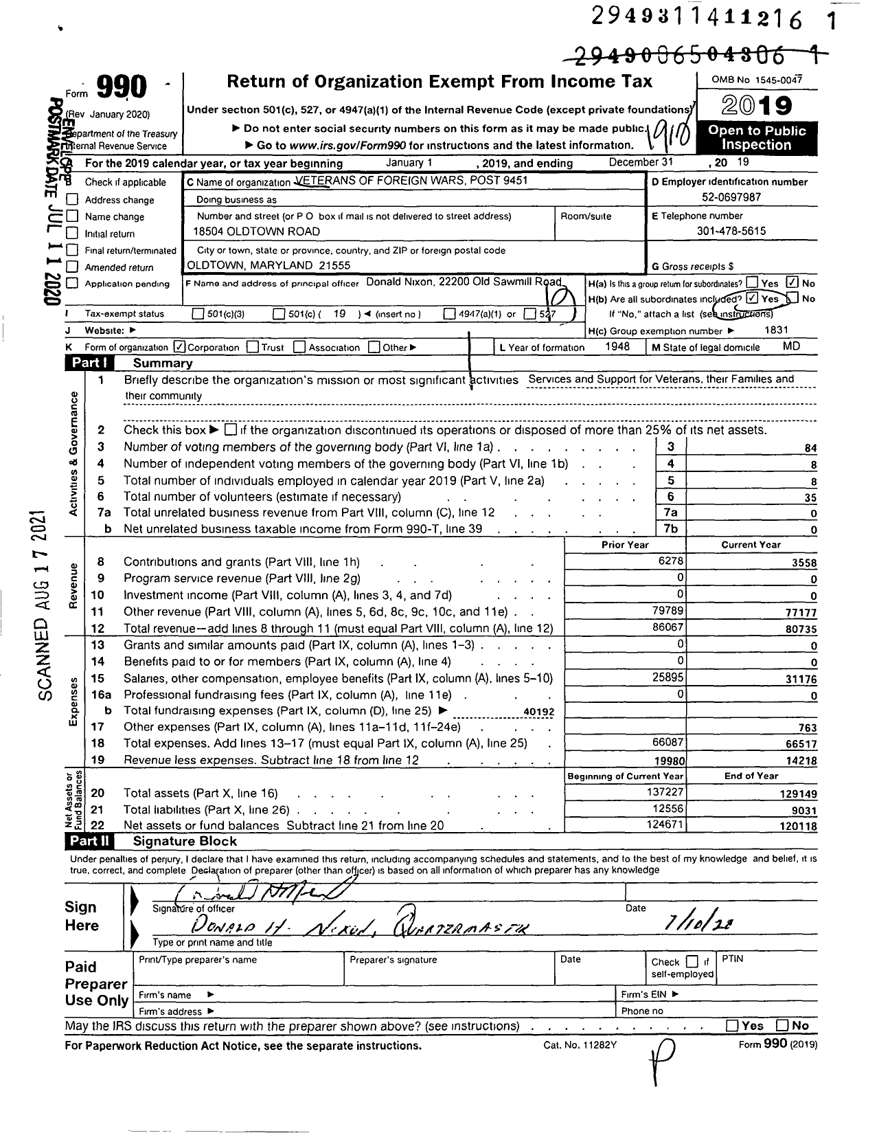 Image of first page of 2019 Form 990O for Clifford B Sisler Post 9451 - Oldtown Memorial Post 9451