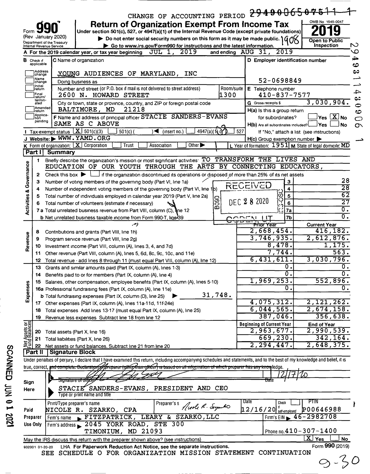 Image of first page of 2018 Form 990 for Arts for Learning Maryland (YAMD)