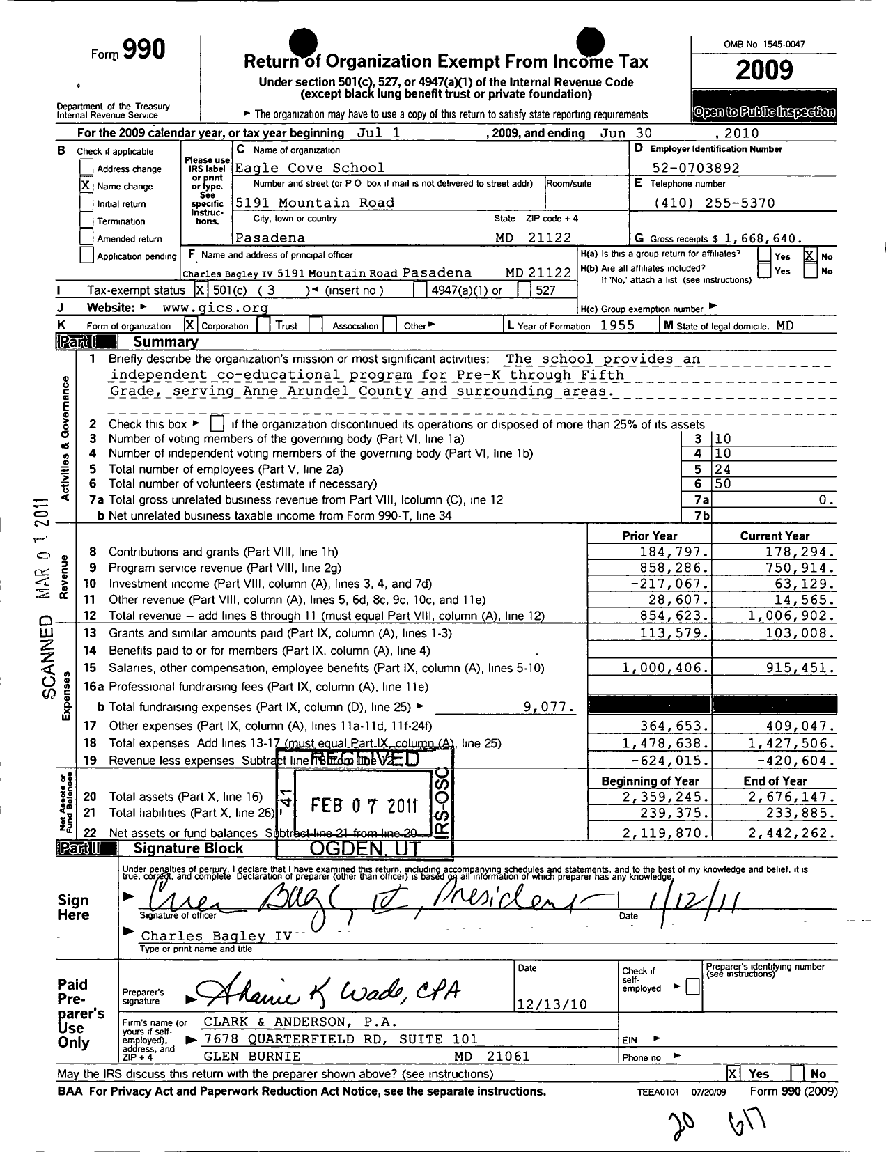 Image of first page of 2009 Form 990 for Eagle Cove School