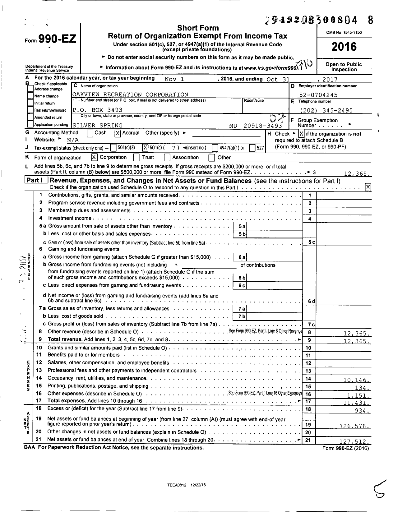 Image of first page of 2016 Form 990EO for Oakview Recreation Corporation