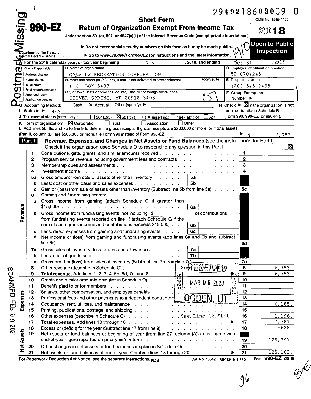 Image of first page of 2018 Form 990EO for Oakview Recreation Corporation