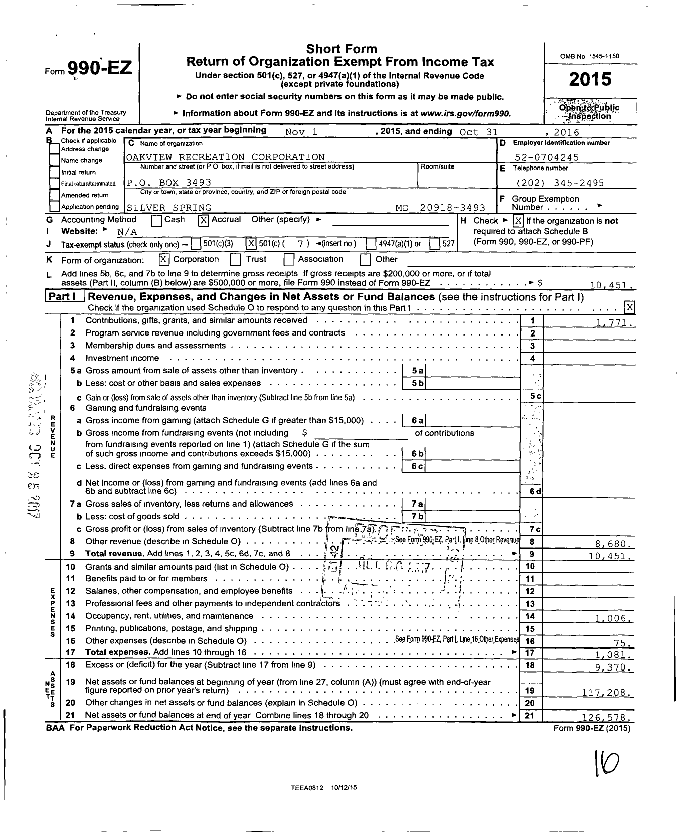 Image of first page of 2015 Form 990EO for Oakview Recreation Corporation