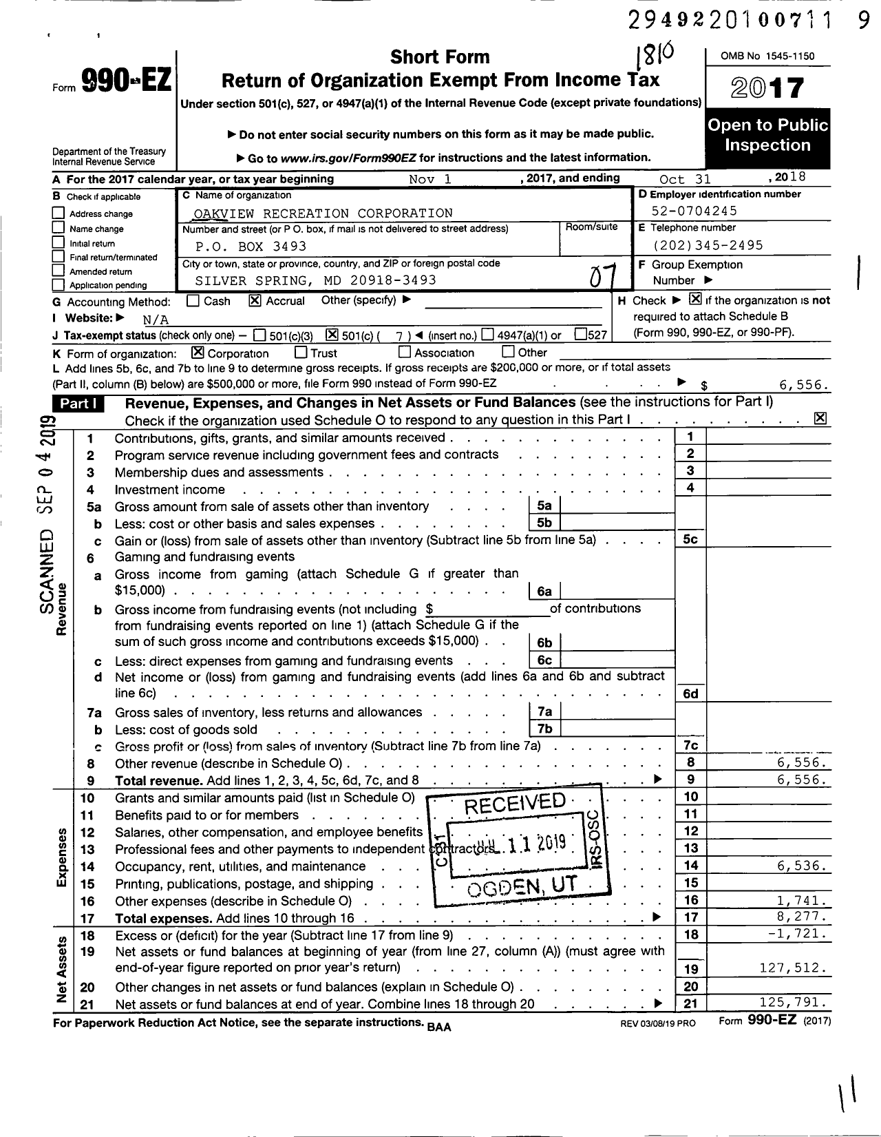 Image of first page of 2017 Form 990EO for Oakview Recreation Corporation
