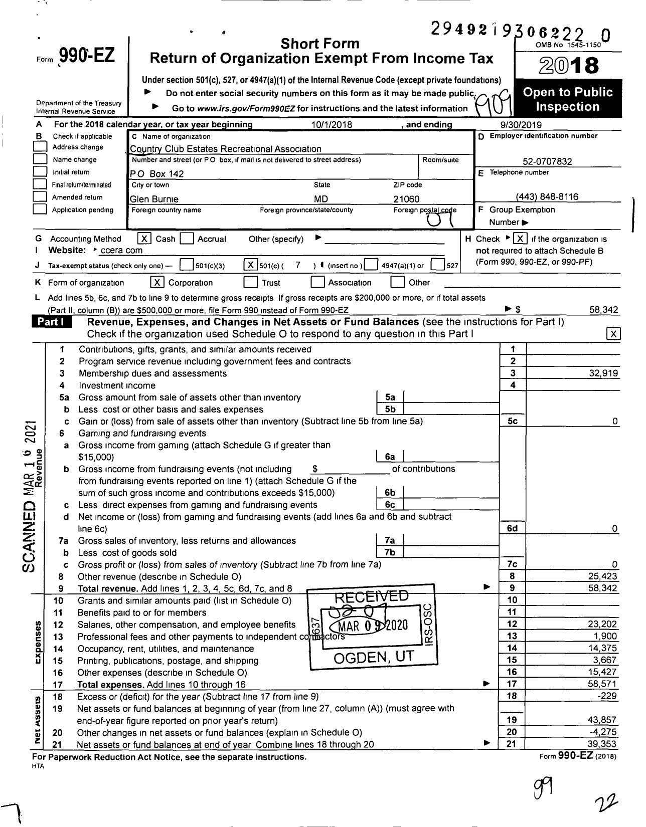 Image of first page of 2018 Form 990EO for Country Club Estates Recreational Association