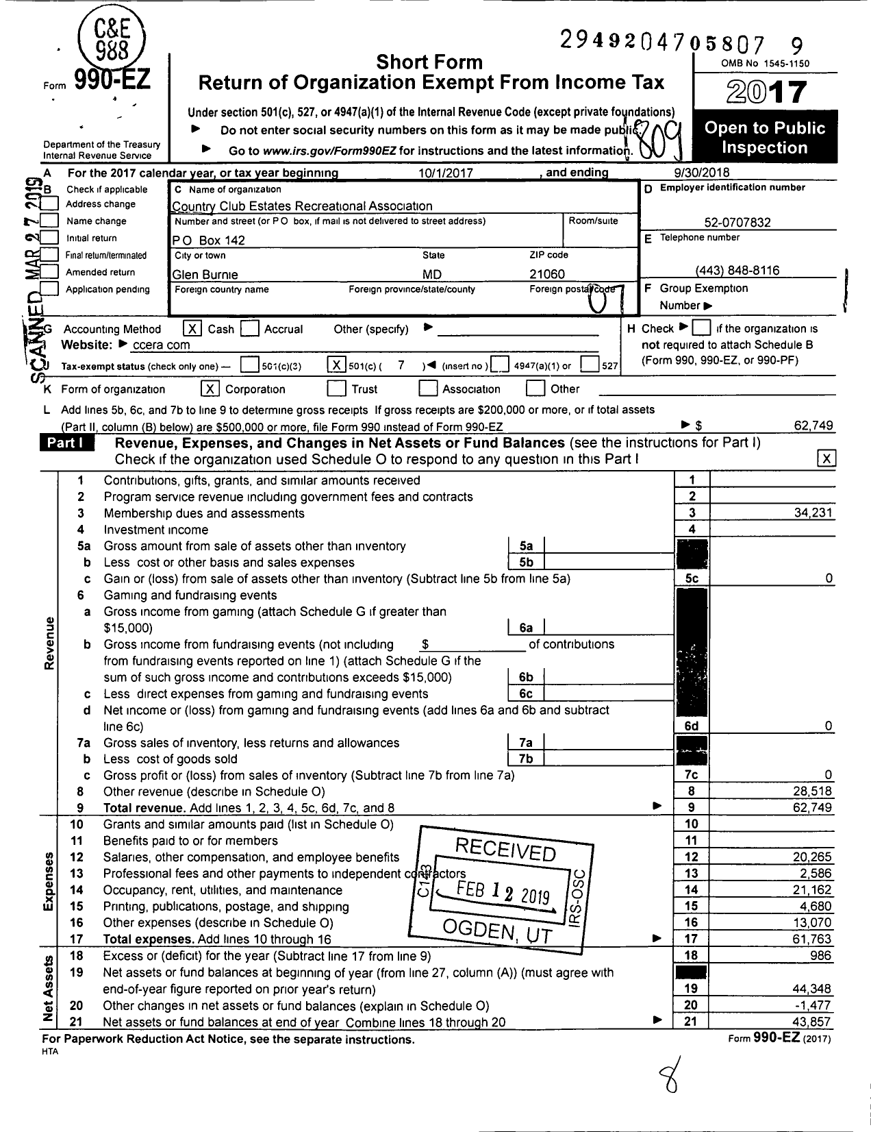 Image of first page of 2017 Form 990EO for Country Club Estates Recreational Association