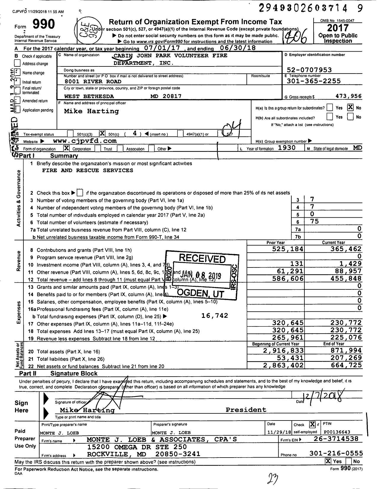 Image of first page of 2017 Form 990O for Cabin John Park Volunteer Fire Department