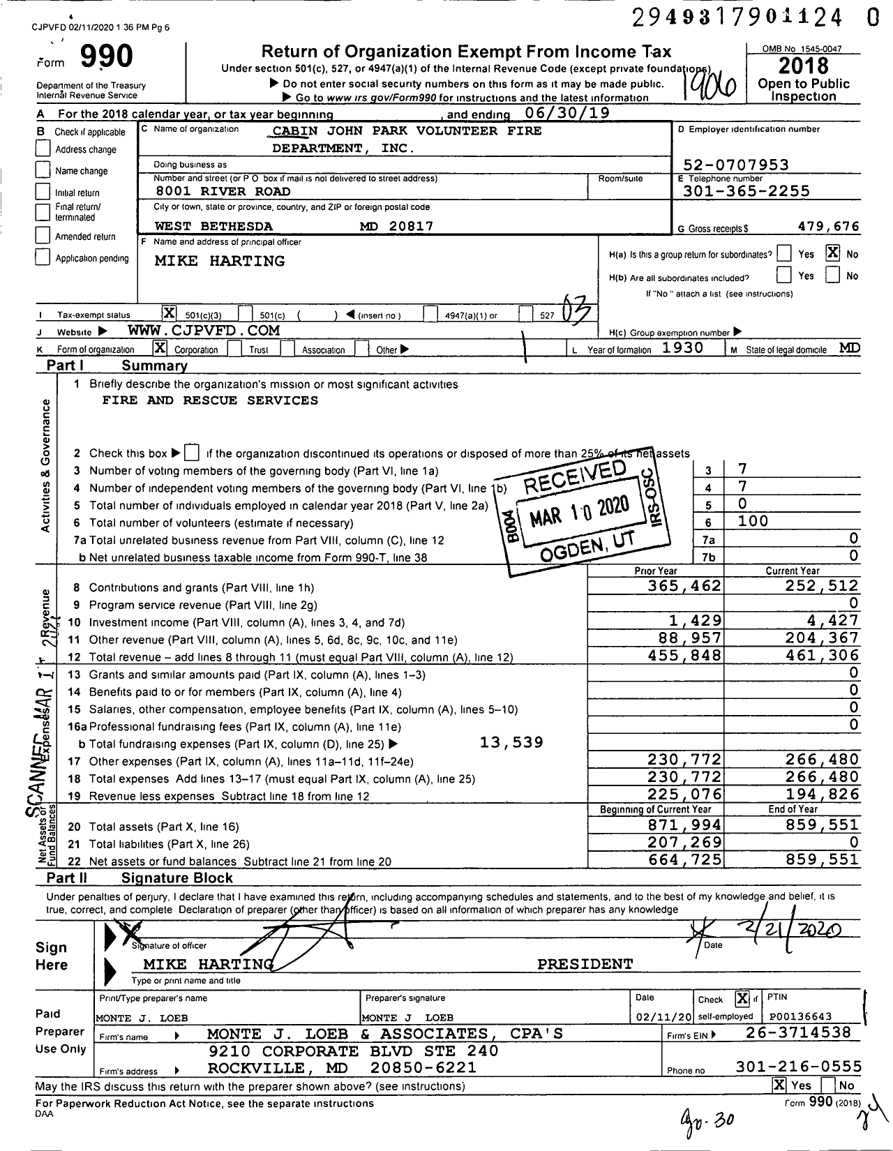 Image of first page of 2018 Form 990 for Cabin John Park Volunteer Fire Department