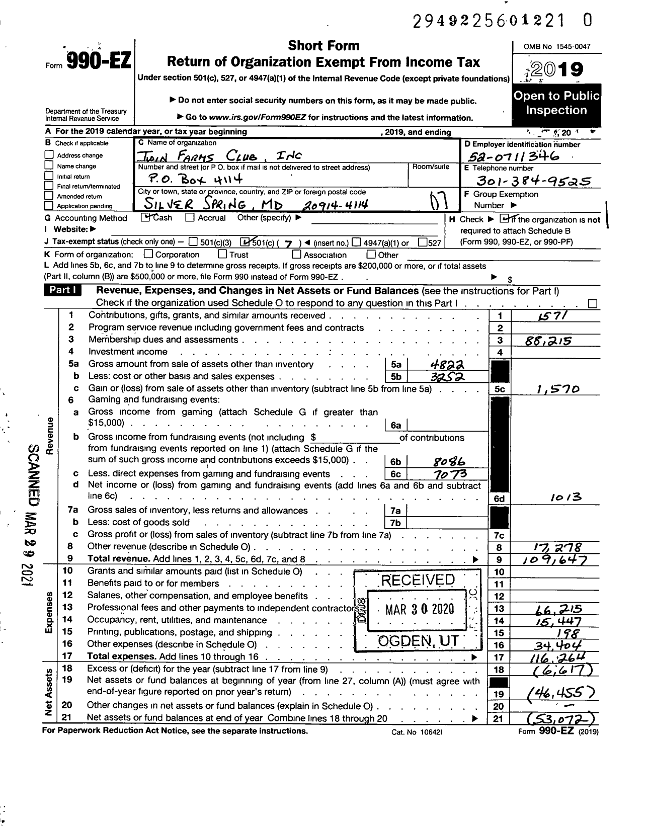 Image of first page of 2019 Form 990EO for Twin Farms Club