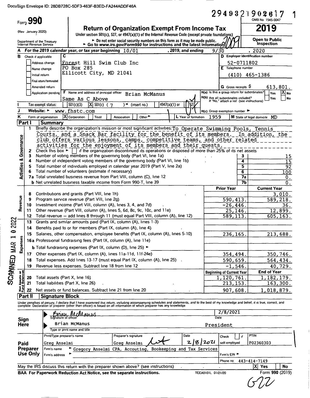 Image of first page of 2019 Form 990O for Forest Hill Swim & Tennis Club