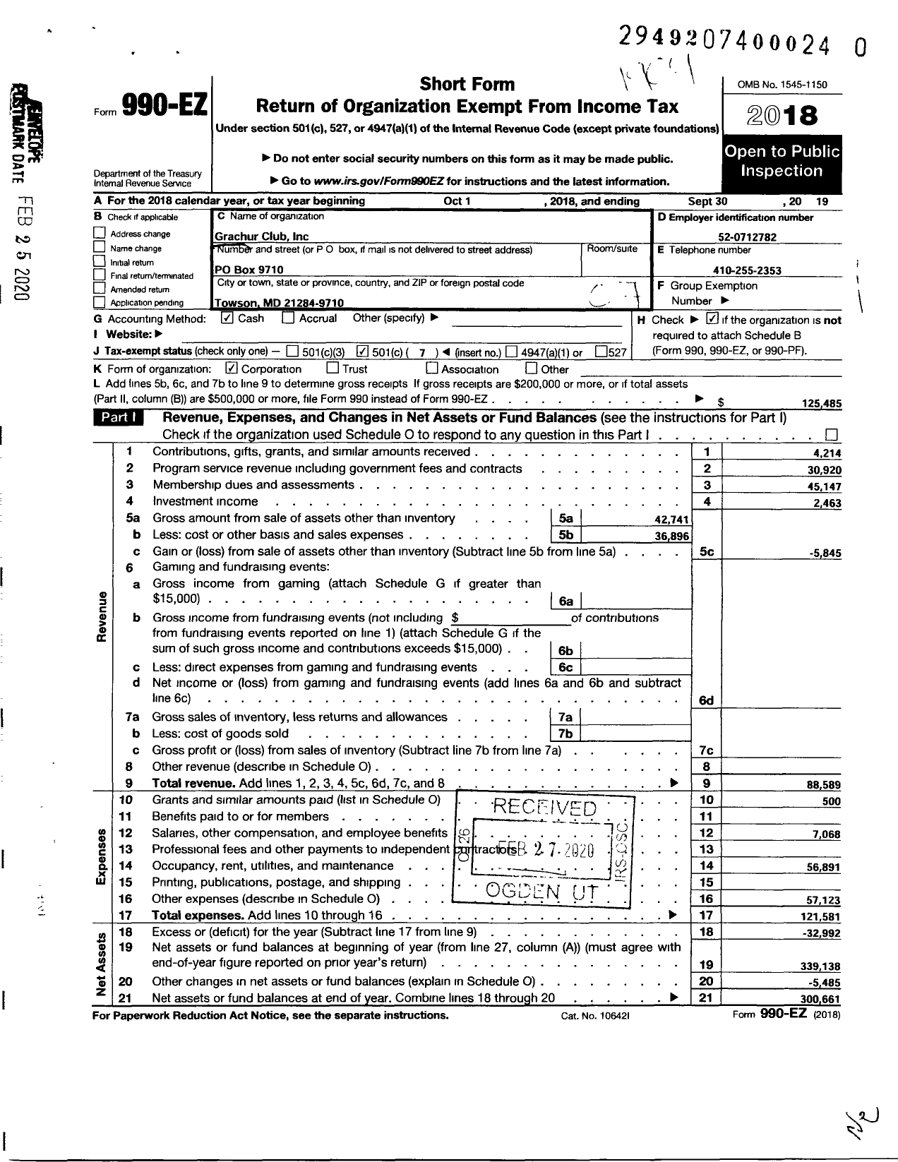 Image of first page of 2018 Form 990EO for The Grachur Club