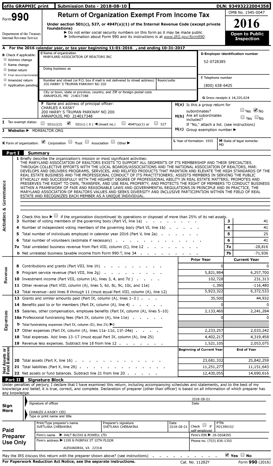 Image of first page of 2016 Form 990 for Maryland Association of Realtors (MAR)